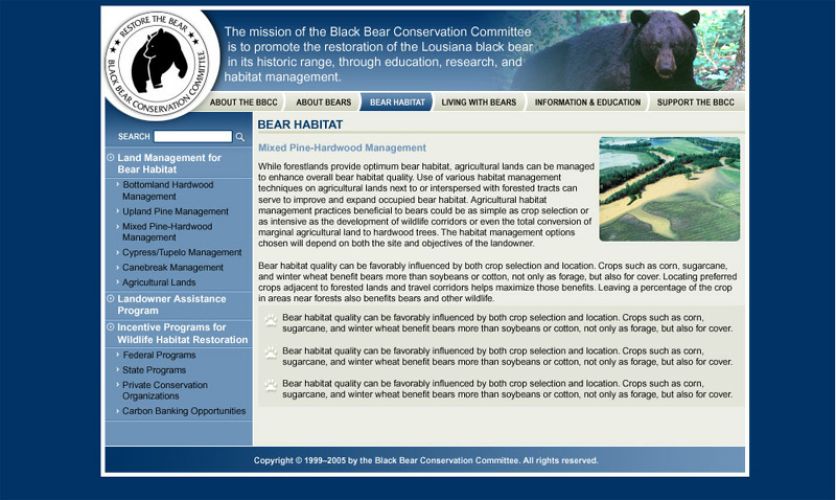 Корпоративен уеб сайт на комитет за защита на черните мечки в Луизиана, САЩ